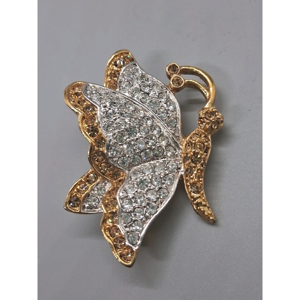 ROMAN signed Butterfly Brooch Gold Tone Sparkly Rhinestone Gold Plated 1.5"x1"